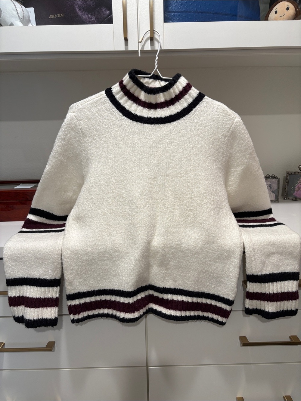 Madewell Cream Bouclé Turtleneck Sweater with Black and Burgundy Stripes